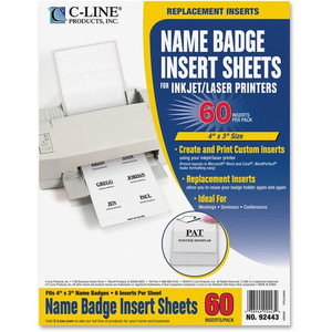 C-Line Laser/Inkjet Badge Insert Refills - 4" Width x 3" Length - Rectangle - Laser, Inkjet - White - 6 / Sheet