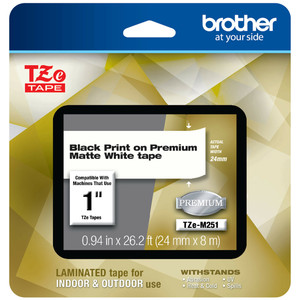 Brother TZe Premium Laminated Tape, 0.94" x 26.2 ft, Black on White (BRTTZEM251) View Product Image