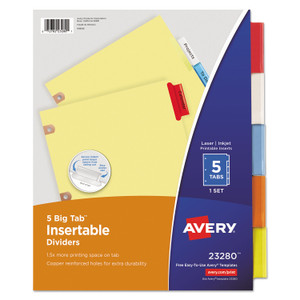 Avery Insertable Big Tab Dividers, 5-Tab, Single-Sided Copper Edge Reinforcing, 11 x 8.5, Buff, Assorted Tabs, 1 Set (AVE23280) View Product Image