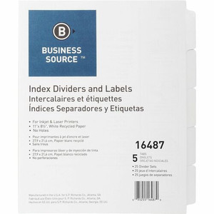Business Source Un-punched Index Dividers Set - 5 x Divider(s) - Blank Tab(s) - 5 Tab(s)/Set - White Divider - White Tab(s)