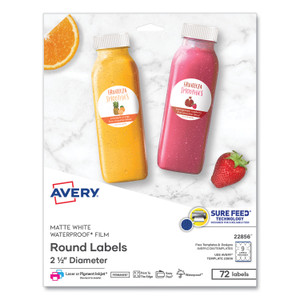 Avery Durable White ID Labels w/ Sure Feed, 2.5" dia, White, 72/Pk (AVE22856) View Product Image