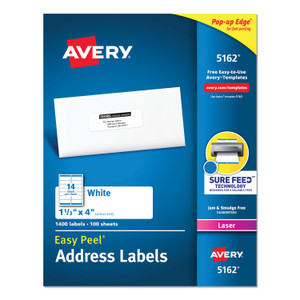 Avery Easy Peel White Address Labels w/ Sure Feed Technology, Laser Printers, 1.33 x 4, White, 14/Sheet, 100 Sheets/Box (AVE5162) View Product Image