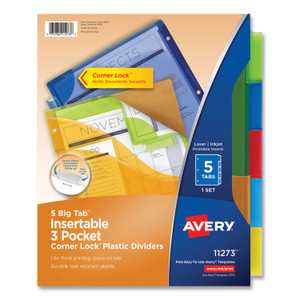 Avery Insertable Big Tab Plastic Three-Pocket Corner Lock Dividers, 5-Tab, 11.13 x 9.25, Assorted, 1 Set