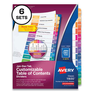 Avery Customizable Table of Contents Ready Index Multicolor Dividers, 12-Tab, Jan. to Dec., 11 x 8.5, White, 6 Sets