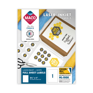 MACO Cover-All Opaque Laser/Inkjet Shipping Labels, Full-Sheet Format, Inkjet/Laser Printers, 8.5 x 11, White, 100/Box