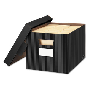 Bankers Box STOR/FILE Decorative Medium-Duty Storage Box, Letter/Legal Files, 12.5" x 16.25" x 10.25", Black/Gray Pinstripe Design, 4/CT (FEL0029803) View Product Image