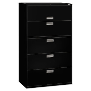 HON Brigade 600 Series Lateral File, 4 Legal/Letter-Size File Drawers, 1 Roll-Out File Shelf, Black, 42" x 18" x 64.25"