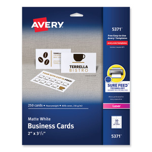 Avery Printable Microperforated Business Cards w/Sure Feed Technology, Laser, 2 x 3.5, White, 250 Cards, 10/Sheet, 25 Sheets/Pack (AVE5371) View Product Image