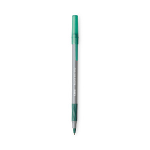 BIC Round Stic Grip Xtra Comfort Ballpoint Pen, Easy-Glide System, Stick, Medium 1.2 mm, Green Ink, Gray/Green Barrel, Dozen