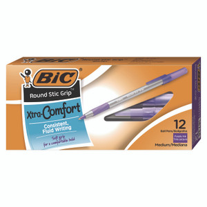 BIC Round Stic Grip Xtra Comfort Ballpoint Pen, Easy-Glide System, Stick, Medium 1.2 mm, Purple Ink, Gray/Purple Barrel, Dozen