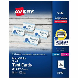 Avery Tent Cards, 2" x 3.5" , White, 160 Place Cards (5302) - 97 Brightness - 2" x 3 1/2" - 65 lb Basis Weight - 176 g/m² Grammage - Matte