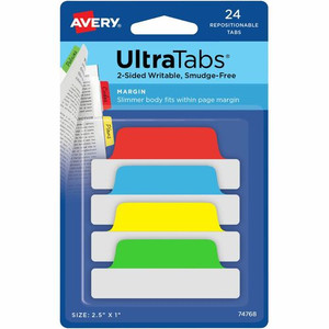 Avery 2-sided Writable Margin Ultra Tabs - 24 Tab(s) - 1" Tab Height x 2.50" Tab Width - Red Film, Clear Paper, Yellow, Green, Blue Tab(s)