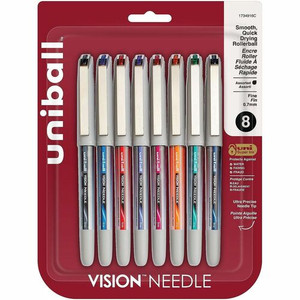 uniball™ Vision Needle Rollerball Pens - 0.7 mm Fine Needle Pen Point - Blue, Black, Green, Orange, Pink, Purple, Red Ink - Liquid - Silver Barrel