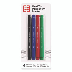 TRU RED Permanent Marker, Pen-Style Twin-Tip, Extra-Fine/Fine Bullet/Needle Tips, Assorted Colors, 4/Pack