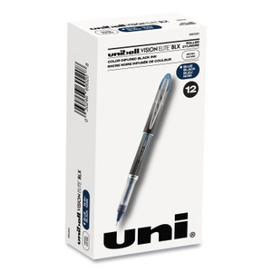 uniball VISION ELITE BLX Series Hybrid Gel Pen, Stick, Extra-Fine 0.5 mm, Blue-Infused Black Ink, Gray/Blue/Clear Barrel