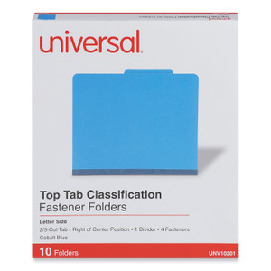 Universal Bright Colored Pressboard Classification Folders, 2" Expansion, 1 Divider, 4 Fasteners, Letter Size, Cobalt Blue, 10/Box