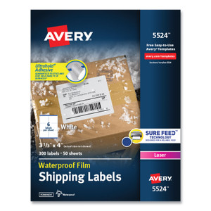 Avery Waterproof Shipping Labels with TrueBlock and Sure Feed, Laser Printers, 3.33 x 4, White, 6/Sheet, 50 Sheets/Pack (AVE5524) View Product Image