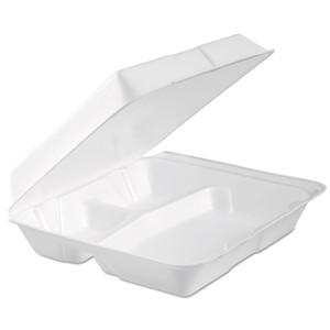 Dart Foam Hinged Lid Container, 3 Compartments, 9.3 x 9.5 x 3, White, 100/Bag, 2 Bag/Carton