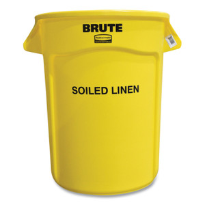 Rubbermaid Commercial Vented Round Brute Container, "Soiled Linen" Imprint, 32 gal, Plastic, Yellow