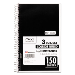 Mead Spiral Notebook, 3-Subject, Medium/College Rule, Randomly Assorted Cover Color, (150) 9.5 x 5.5 Sheets