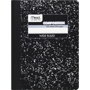Mead Wide Ruled Composition Notebook - 100 Sheets - Sewn - 7 1/2" x 9 3/4" Sheet Size - White Paper - Black Marble Cover - (MEA09910)