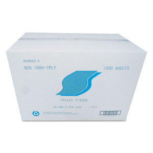 GEN Small Roll Bath Tissue, Septic Safe, 1-Ply, White, 1,500 Sheets/Roll, 60 Rolls/Carton