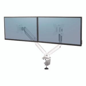 Fellowes Platinum Series Dual Monitor Arm, For 27" Monitors, 360 deg Rotation, 45 deg Tilt, 180 deg Pan, White, Supports 20 lb