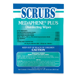 SCRUBS MEDAPHENE Plus Disinfectant Wet Wipes, 1-Ply, 6 x 8, Citrus, White, Individual Foil Packets, 100/Carton (ITW96301) View Product Image