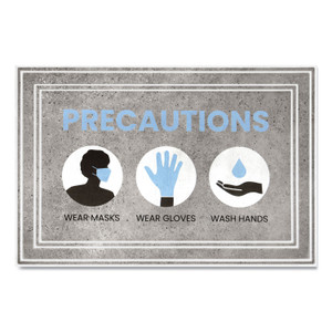 Apache Mills Message Floor Mats, 24 x 36, Gray/Blue, "Precautions Wear Masks Wear Gloves Wash Hands"