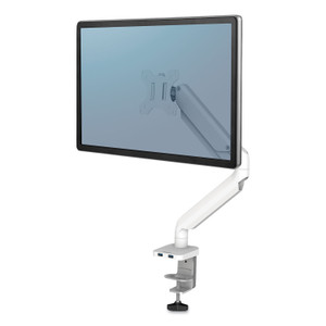 Fellowes Platinum Series Single Monitor Arm, For 27" Monitors, 360 deg Rotation, 45 deg Tilt, 180 deg Pan, White, Supports 20 lb (FEL8056201) View Product Image