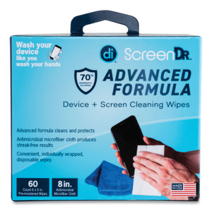 Digital Innovations ScreenDr Device and Screen Cleaning Wipes, Includes 60 Individually Wrapped Wipes and 8" Microfiber Cloth, 6 x 5, White (DGV32347) View Product Image