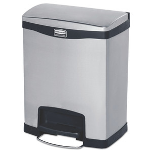 Rubbermaid Commercial Slim Jim Stainless Steel Step-On Container, Front Step Style, 8 gal, Stainless Steel, Black