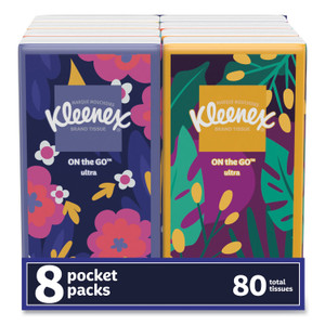 Kleenex On The Go Packs Facial Tissues, 3-Ply, White, 10 Sheets/Pouch, 8 Pouches/Pack