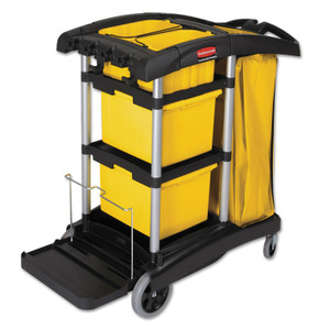 Rubbermaid Commercial HYGEN HYGEN Microfiber Healthcare Cleaning Cart, Plastic, 3 Shelves, 5 Bins, 22" x 48.25" x 44", Yellow/Black/Silver (RCP9T73) Product Image 