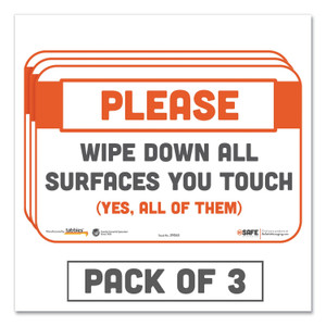 Tabbies BeSafe Messaging Repositionable Wall/Door Signs, 9 x 6, Please Wipe Down All Surfaces You Touch, White, 3/Pack