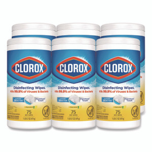 Clorox Disinfecting Wipes, Bleach Free Cleaning Wipes, 1-Ply, 7 x 7.75, Crisp Lemon, White, 75/Canister, 6 Canisters/Carton