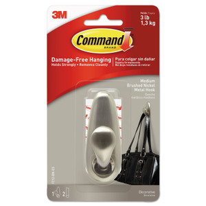 Command Adhesive Mount Metal Hook, Medium, Brushed Nickel Finish, 3 lb Capacity, 1 Hook and 2 Strips