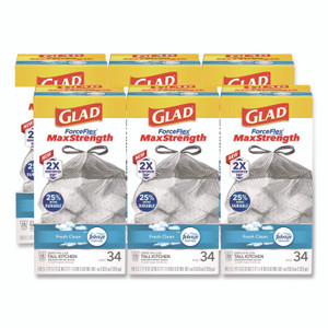 Glad ForceFlex MaxStrength Tall Kitchen Drawstring Trash Bags, 13 gal, Fresh Clean Scent, 24 x 28, White, 34/Box, 6 Boxes/Carton
