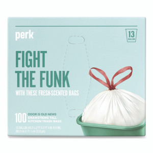 Perk Scented Drawstring Tall Kitchen Trash Bags, 13 gal, Fresh Scent, 28" x 24", White, 100/Box