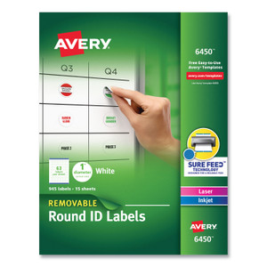 Avery Removable Multi-Use Labels, Inkjet/Laser Printers, 1" dia, White, 63/Sheet, 15 Sheets/Pack