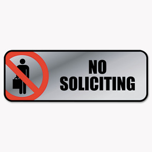COSCO Brushed Metal Office Sign, No Soliciting, 9 x 3, Silver/Red (COS098208) View Product Image