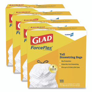 Glad CloroxPro ForceFlex Tall Kitchen Drawstring Trash Bags, 13 gal, 24 x 27.38, Gray, 100 Bags/Box, 4 Boxes/Carton