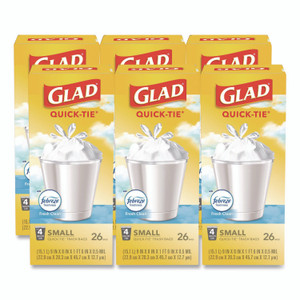 Glad OdorShield Quick-Tie Small Trash Bags, Tie-Flap, 4 gal, Febreze Fresh Clean Scent, 8 x 18, White, 26 Bags/Box, 6 Boxes/Carton