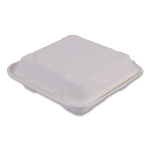 Eco-Products Vanguard Renewable and Compostable Sugarcane Clamshells, 3-Compartment, 9 x 9 x 3, White, 200/Carton (ECOEPHC93NFA) View Product Image