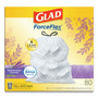 Glad OdorShield Tall Kitchen Drawstring Bags, 13 gal, 0.95 mil, 24" x 27.38", White, 80/Box (CLO78902BX) View Product Image