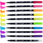 Tombow Dual Brush Pen Set - Hot Pink, Orange, Chartreuse, Willow Green, Purple, Rubine Red, Process Yellow, Reflex Blue, Imperial Purple Ink - Water Based - Nylon Tip