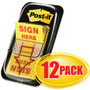 Post-it Flags Arrow Message 1" Page Flags, Sign Here, Yellow, 50 Flags/Dispenser, 12 Dispensers/Pack