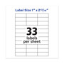 Avery Copier Mailing Labels, Copiers, 1 x 2.81, White, 33/Sheet, 100 Sheets/Box AVE5351