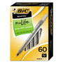 BIC Round Stic Xtra Life Ballpoint Pen Value Pack, Stick, Medium 1 mm, Black Ink, Translucent Frost Barrel, 60/Box