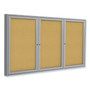 Ghent 3 Door Enclosed Natural Cork Bulletin Board with Satin Frame, 96" x 48", Tan Surface, Satin Aluminum Frame